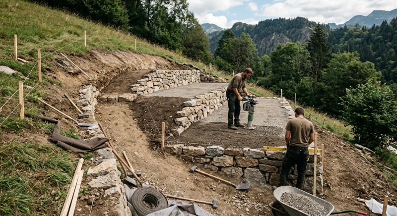 Terrasse sur terrain en pente : le terrassement à prévoir avant de poser la première lame